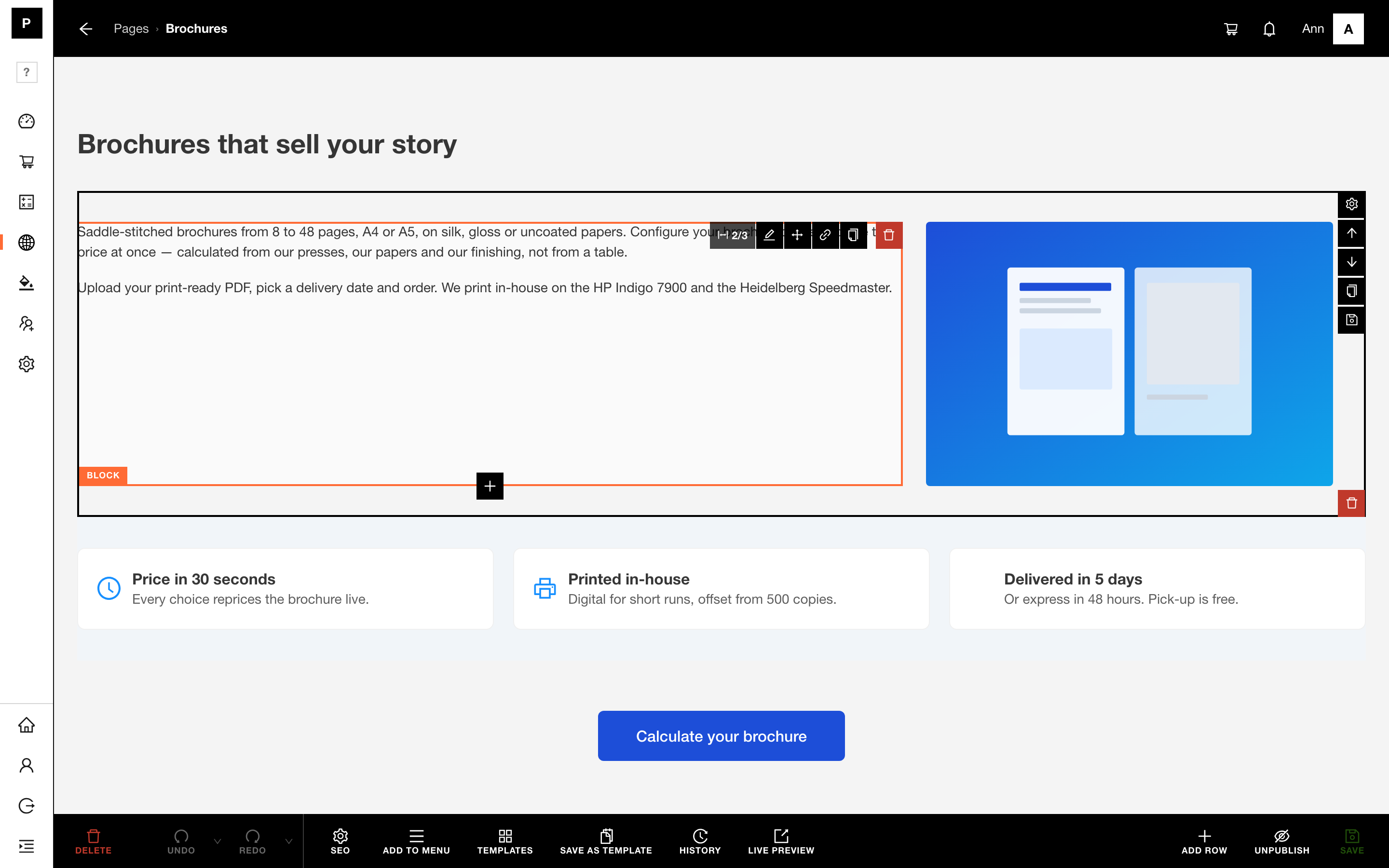 The full page builder with Templates, History, SEO, Menu, Footer, Theme and live content blocks.