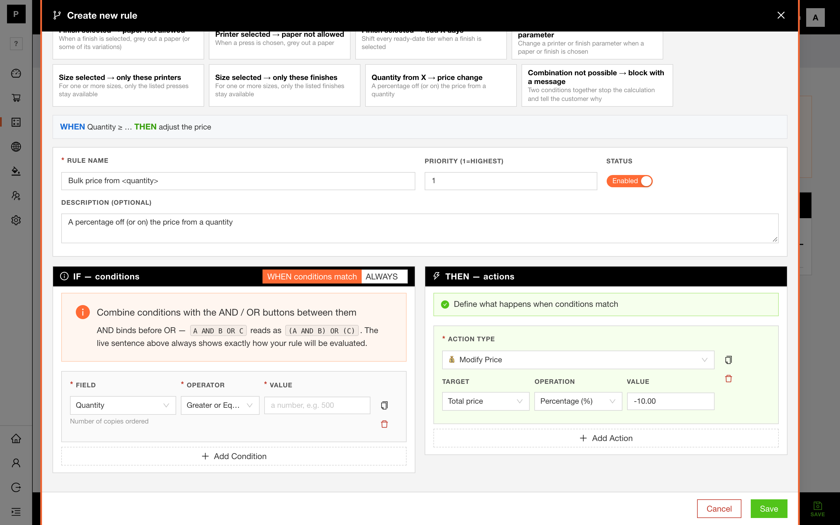 De regelbouwer van een calculator: ALS-voorwaarden links, DAN-acties rechts.