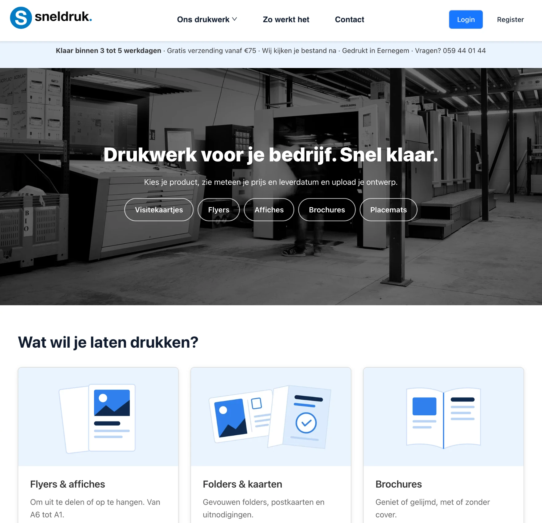 The homepage of sneldruk: a photo of the press hall, a promise bar, product pills and illustrated product cards.