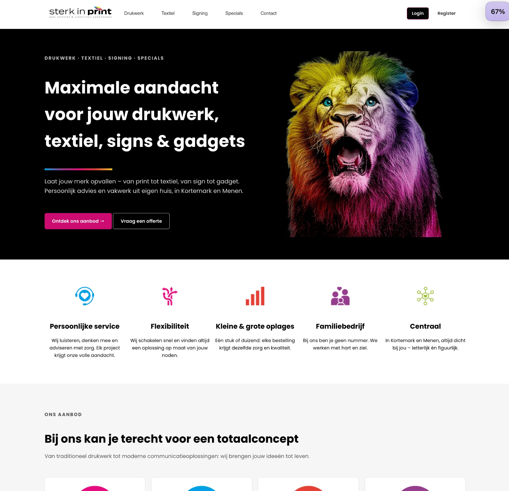 De homepage van sterk in print, een shop gebouwd op BuildYourPrint.
